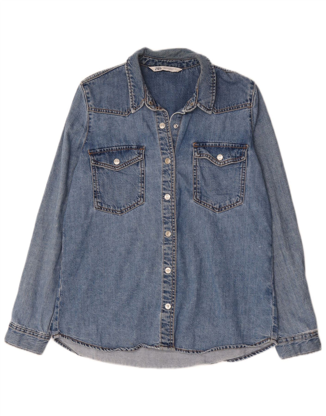 Zara Dame Denim Shirt UK 14 Medium Blue Cotton