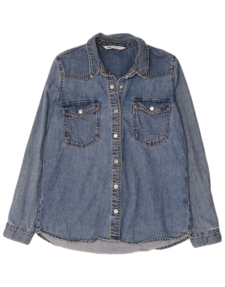 Zara Dame Denim Shirt UK 14 Medium Blue Cotton