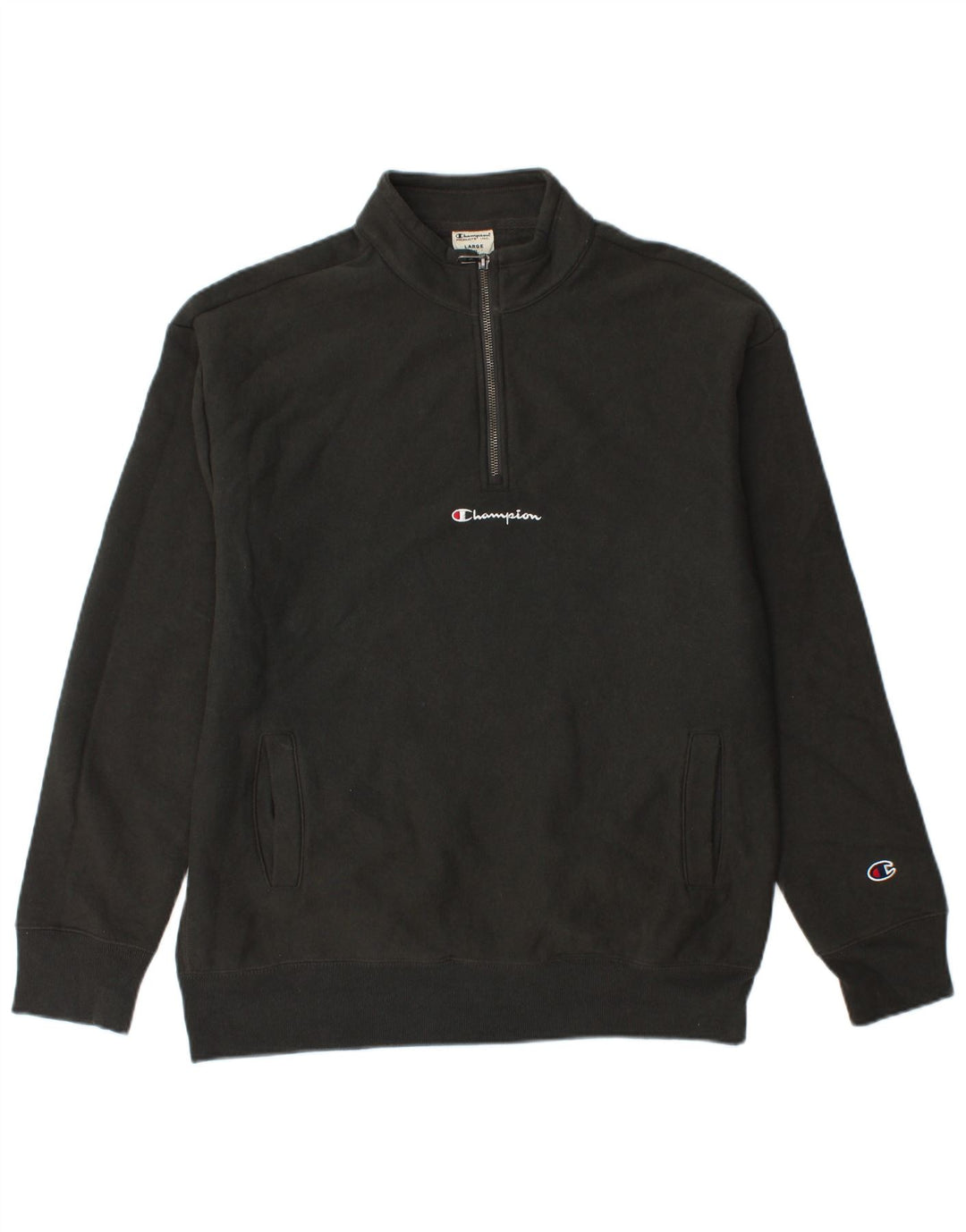 CHAMPION Mens Zip Neck Sweatshirt Jumper Large Black Cotton