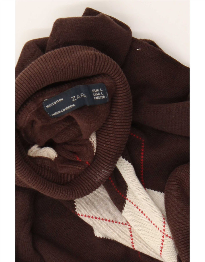 Zara Dame Roll Neck Jumper Sweater UK 14 Large Brown Argyle/Diamond