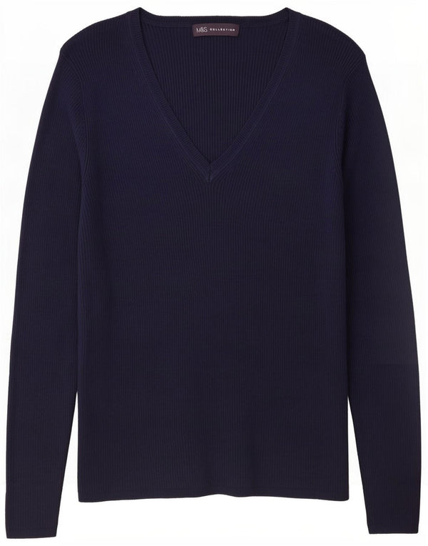 Marks & Spencer Dame V-hals sweater UK 14 Medium Navy Blue Viscose