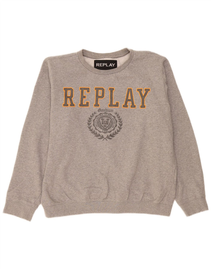 Replay Herre Grafisk Sweatshirt Jumper Stor Grå Flecked Bomuld