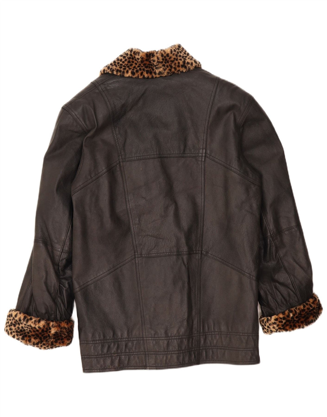 VINTAGE Oversized læderfrakke til kvinder UK 10 Small Black Animal Print