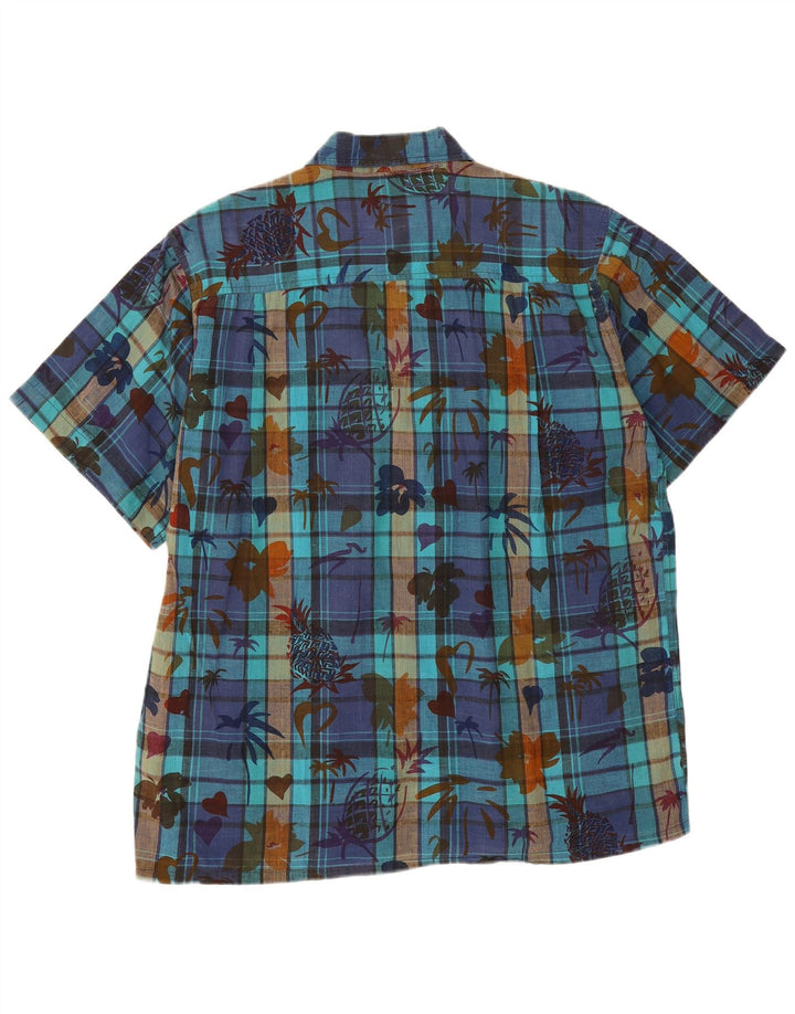 Vintage kortærmet herreskjorte EU 50 Medium Blue Ternet Bomuld