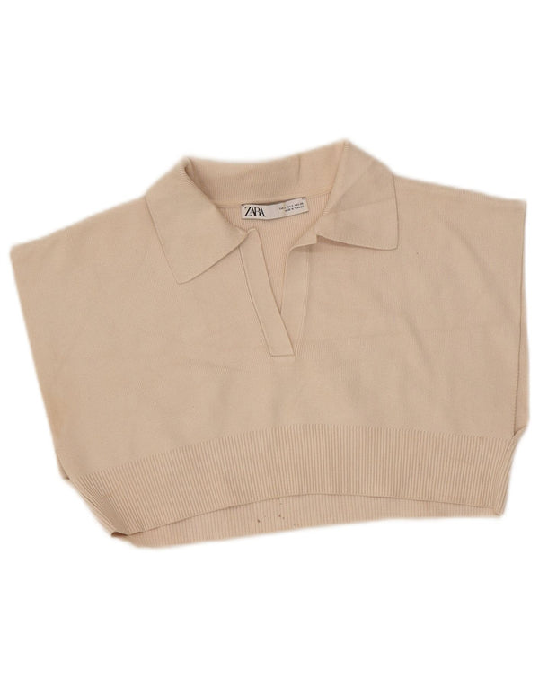 Zara Womens Crop ærmeløs poloshirt UK 10 Small Beige