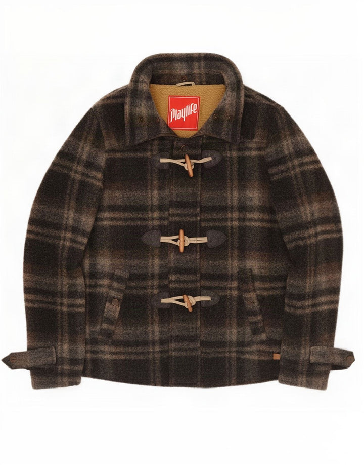 Playlife Dame Sherpa Duffle Bomber Jacket UK 16 Large Brown Plaid Classic