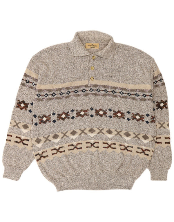 Malagrida Herre Polo Neck Jumper Sweater Large Grey Fair Isle Bomuld