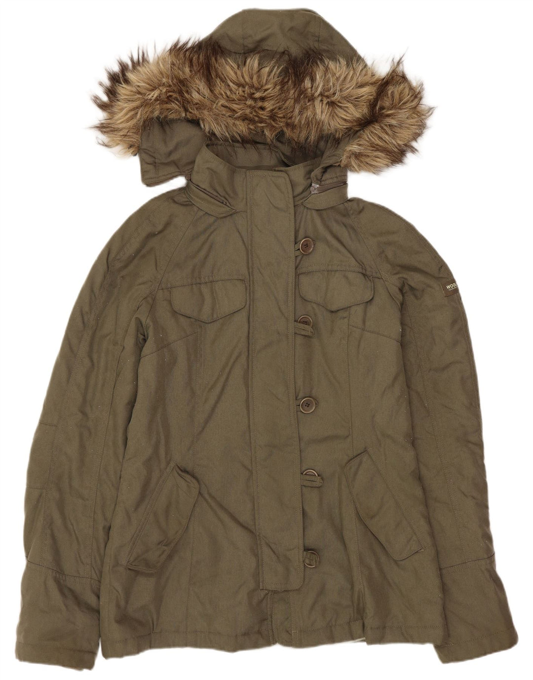 Woolrich Dame Hooded Parka Jacket UK 10 Small Khaki Nylon