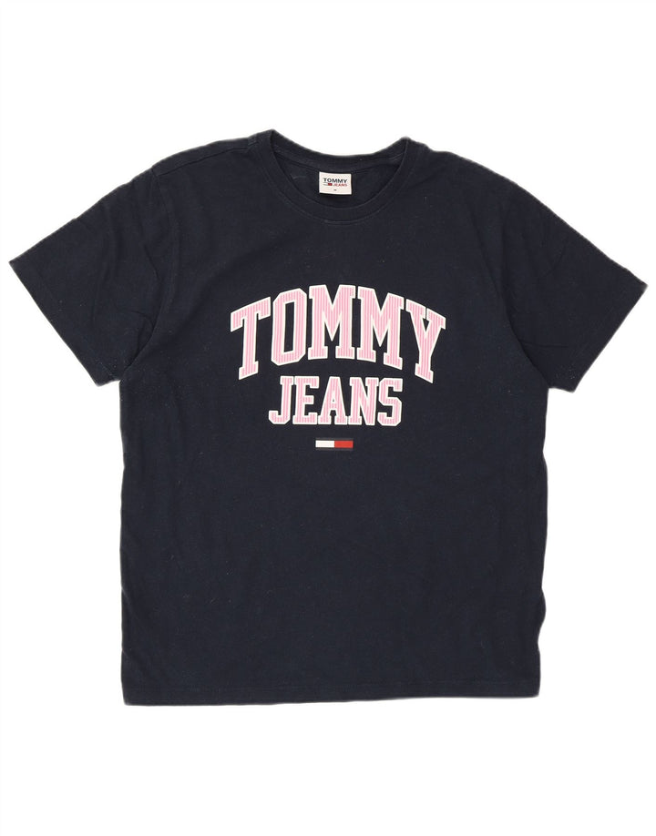 TOMMY HILFIGER Grafisk T-shirt top til kvinder UK 14 Mellem marineblå bomuld