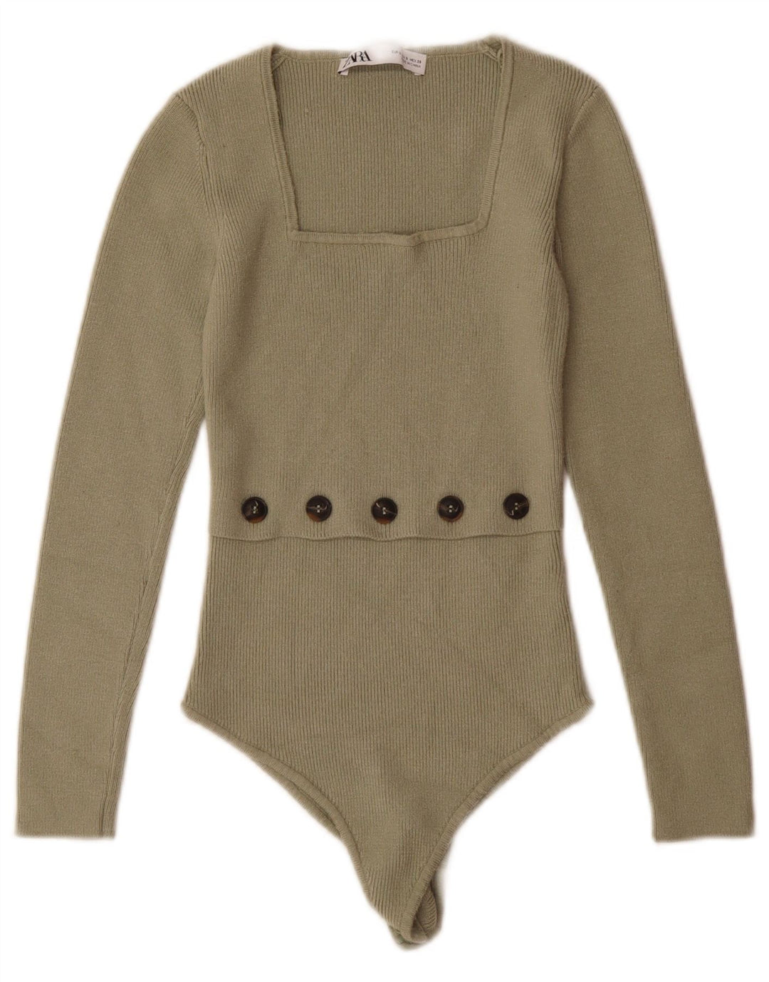 ZARA Womens Knit Long Sleeve Bodysuit UK 8 Small Green Viscose