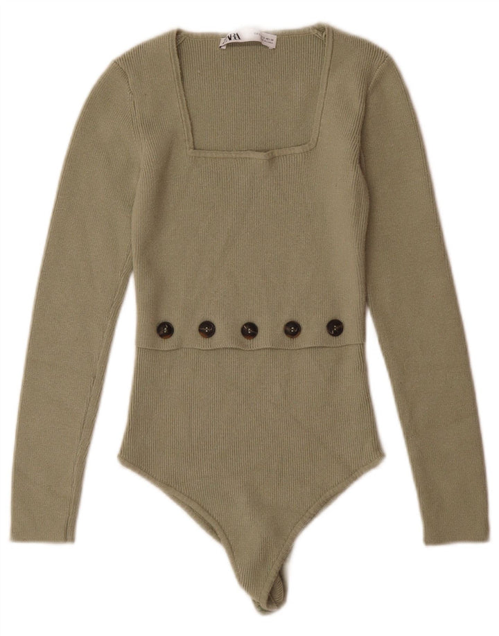 ZARA Womens Knit Long Sleeve Bodysuit UK 8 Small Green Viscose