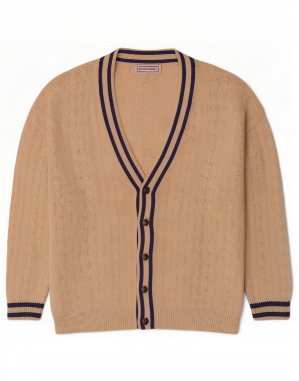 Stefanel Herre Cardigan Sweater Large Off White Stribet Bomuld