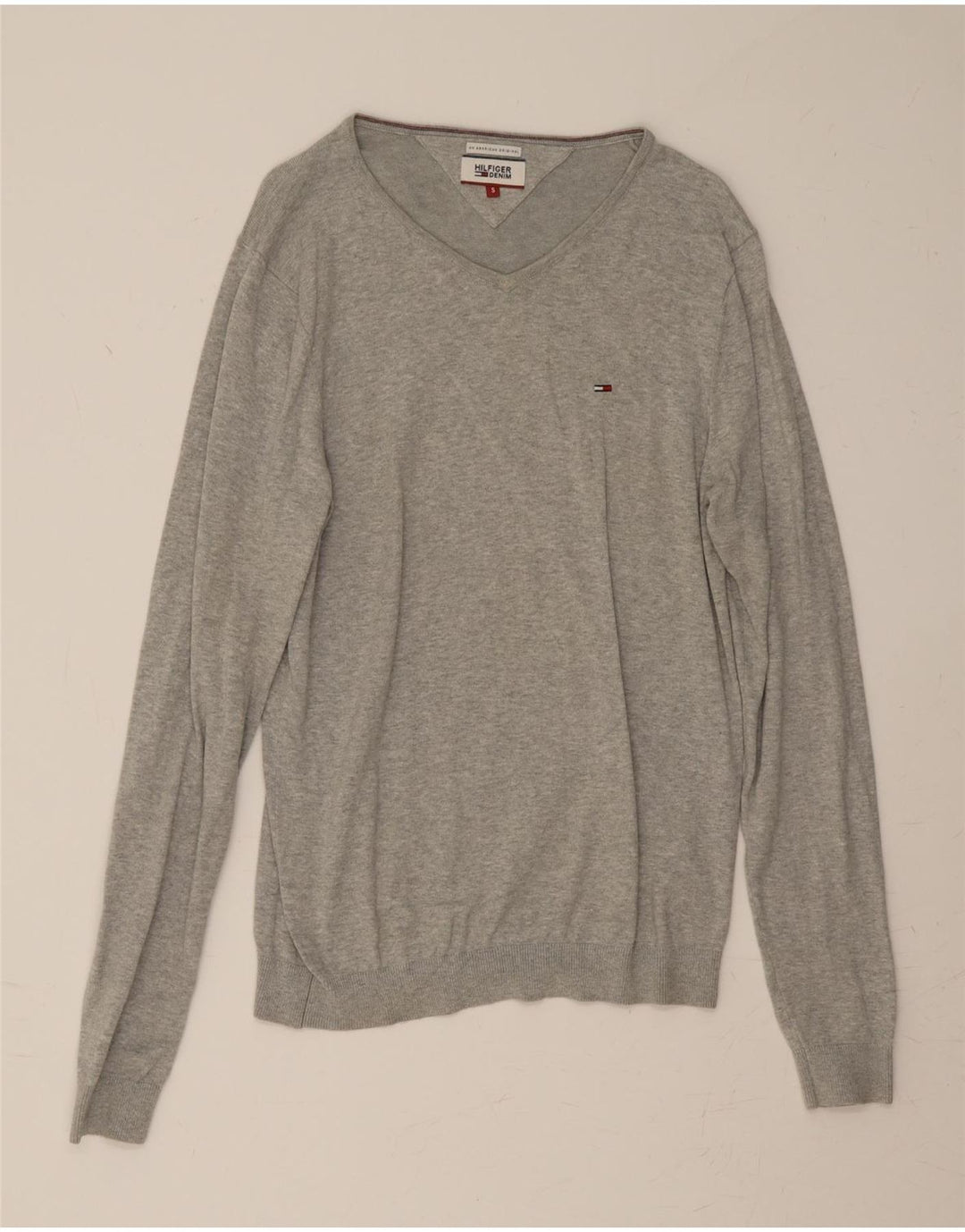 TOMMY HILFIGER Mens V-Neck Jumper Sweater Small Grey Cotton Vintage Tommy Hilfiger and Second-Hand Tommy Hilfiger from Messina Hembry 