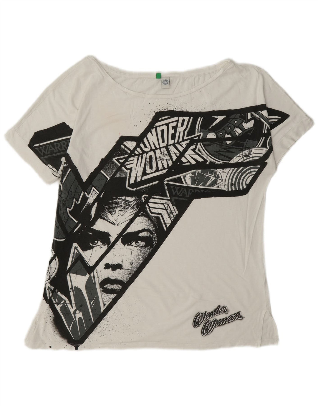 Benetton Dame Grafisk T-Shirt Top UK 14 Medium Hvid Bomuld