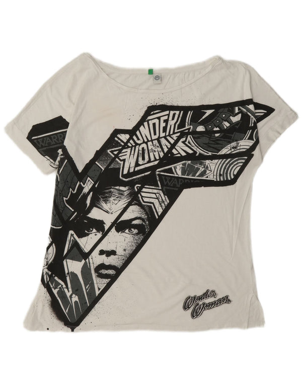 Benetton Dame Grafisk T-Shirt Top UK 14 Medium Hvid Bomuld