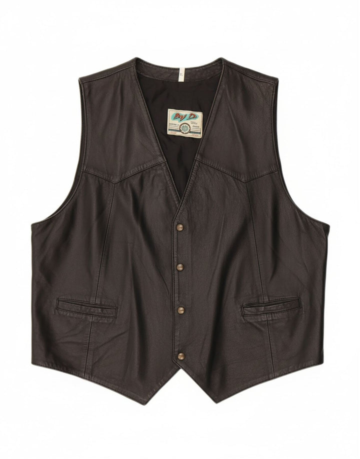 VINTAGE Mens Leather Waistcoat XL Black Leather