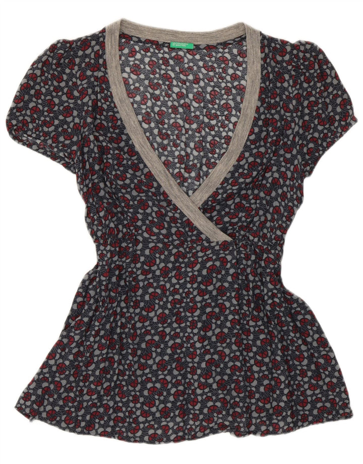 Benetton Damebluse Top UK 10 Small Grey Floral