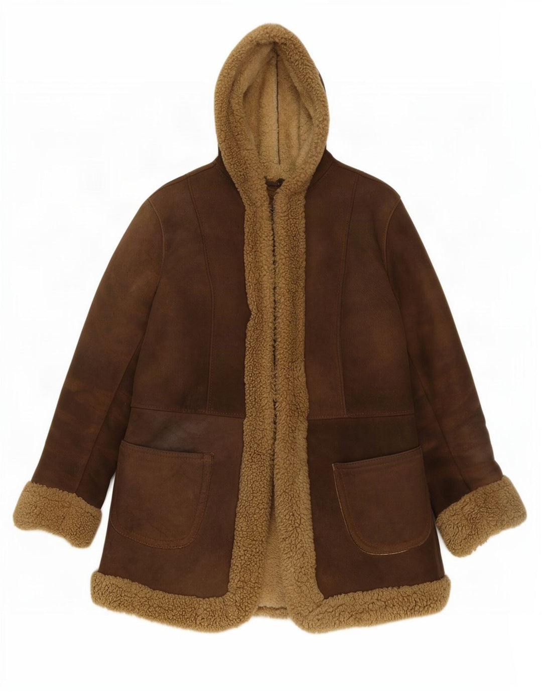 Vintage Dame Hætte Shearling Jacket UK 10 Lille brunt læder