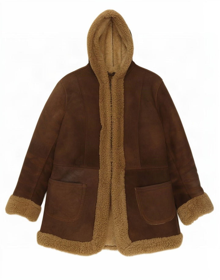 Vintage Dame Hætte Shearling Jacket UK 10 Lille brunt læder