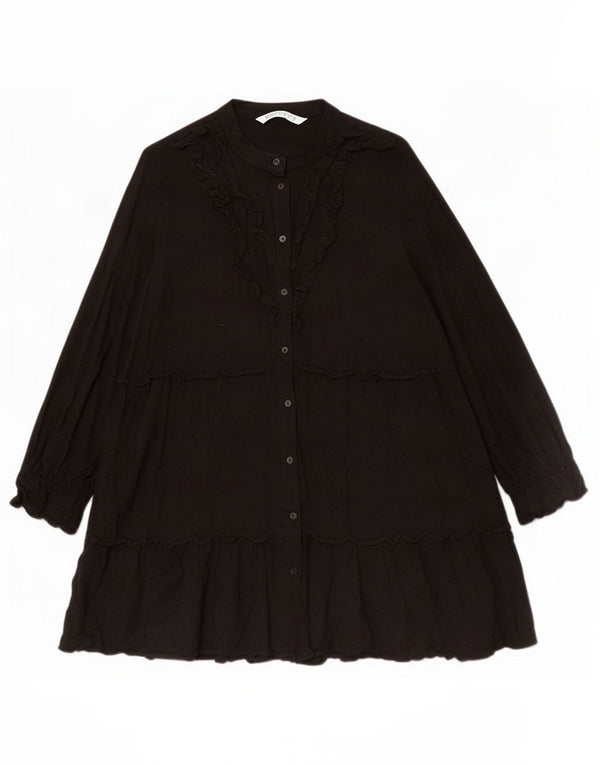 Zara Dame Langærmet Tiered Kjole UK 12 Medium Sort Viscose