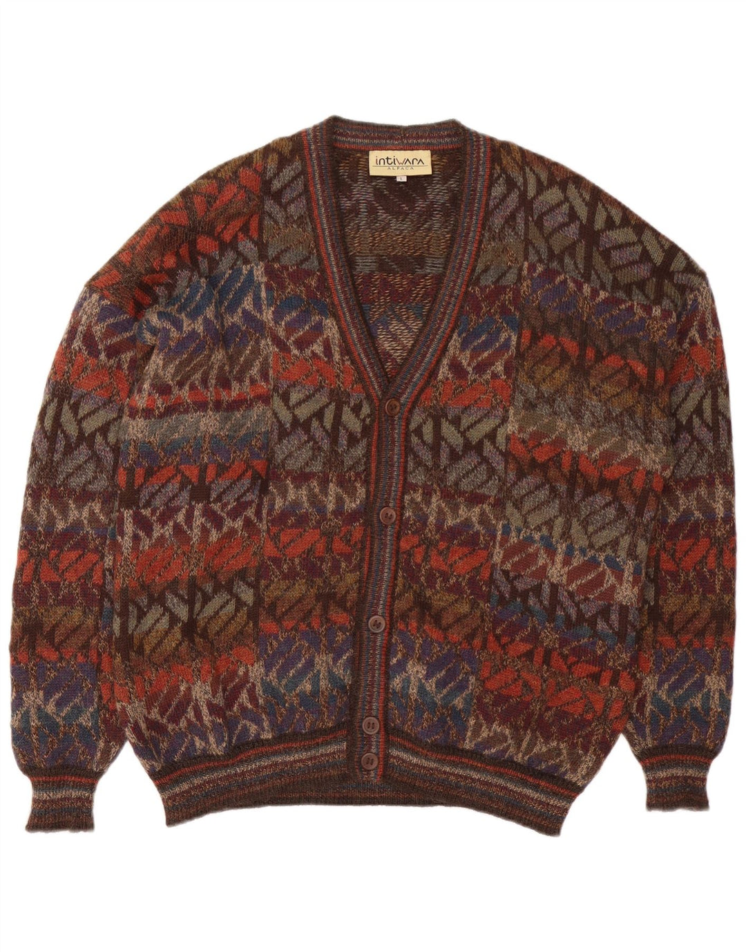 Intiwara Herre cardigan sweater Stor flerfarvet geometrisk alpakauld