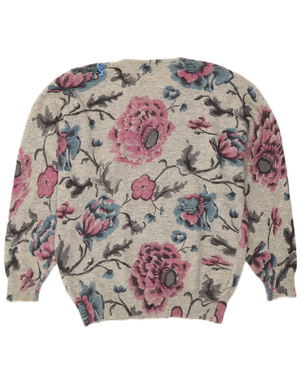 Premode Dame Crew Neck Jumper Sweater UK 14 Large Grey Floral Wool