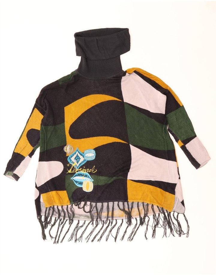 Desigual Dame Roll Neck Jumper Sweater UK 10 Small Green Geometric