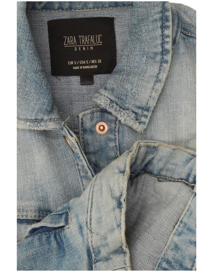 Zara Dame Trafaluc Crop Denim Jacket UK 10 Small Blue Cotton