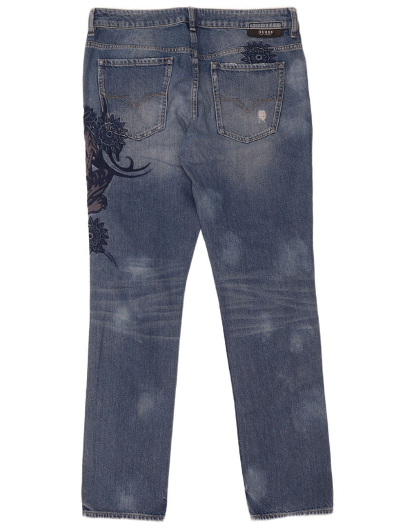 Guess Womens Angels Graphic Distressed Skinny Jeans W33 L33 Blue Polyester