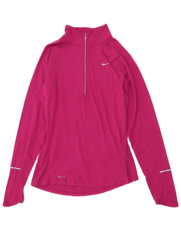 NIKE Dame Dri Fit Pullover med lynlås-hals Træningsdragt Top UK 10 Lille Pink Nylon