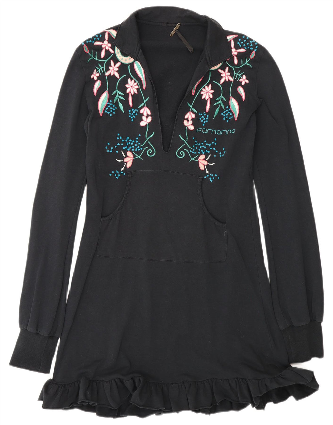 Fornarina Dame Langærmet Basic Kjole UK 12 Medium Sort Blomster Bomuld