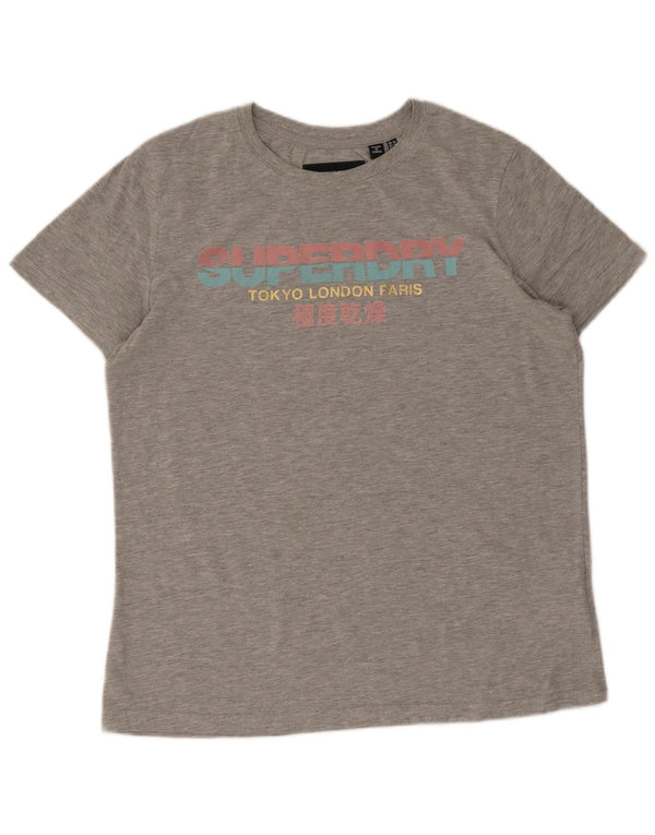 Superdry Grafisk T-shirt top til kvinder UK 14 Stor grå bomuld