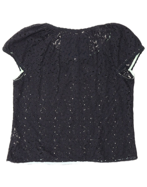 Superdry Dame Se Through Blouse Top UK 16 Stor Marineblå Bomuld