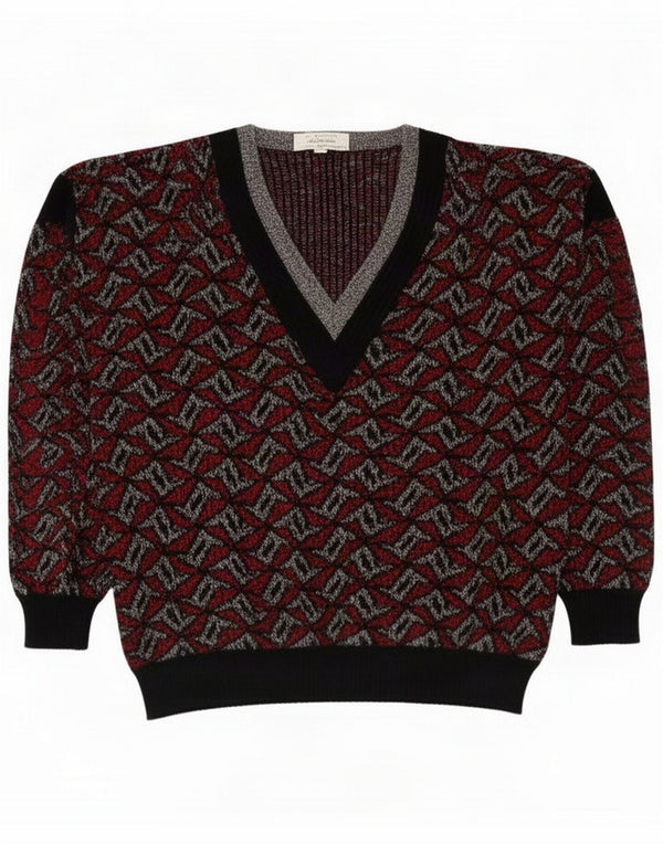 Vintage Mens V-Neck Jumper Sweater XL Burgundy Geometric Acrylic