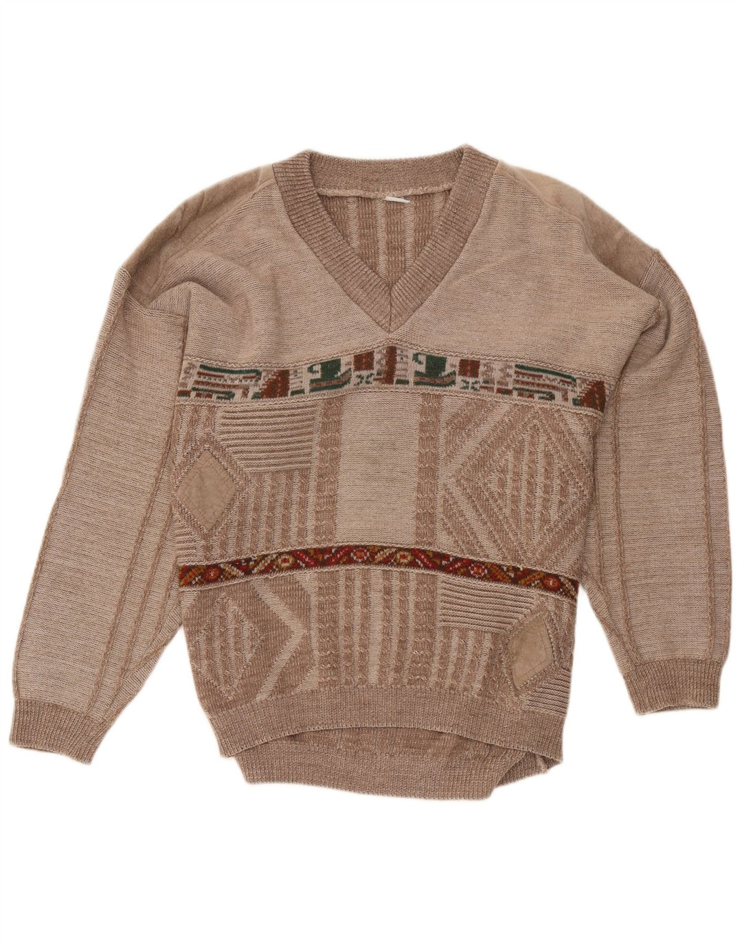 VINTAGE Herre V-hals sweater Medium Brun Geometrisk