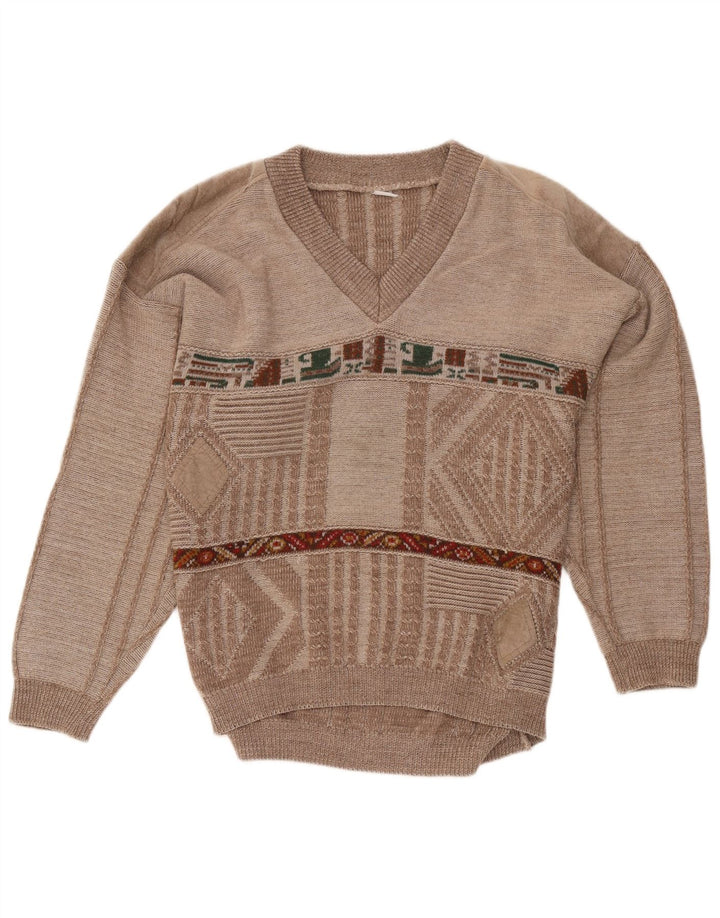 VINTAGE Herre V-hals sweater Medium Brun Geometrisk