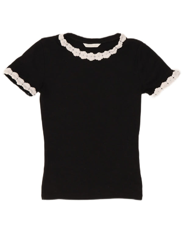 Zara Womens Crop T-Shirt Top UK 8 Small Black Floral Bomuld