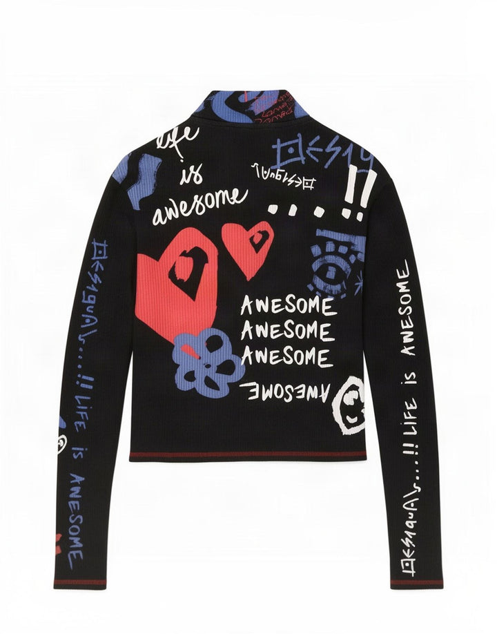 Desigual kvinders abstrakt mønster grafisk top langærmet UK 14 Large Black