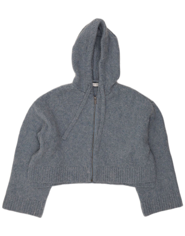 Zara Womens Oversized Crop Hooded Cardigan Sweater UK 10 Small Blue Acryl
