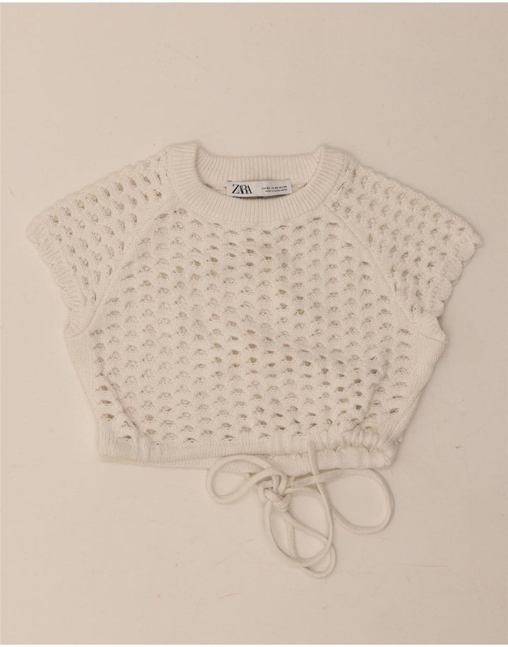 Zara Dame Crop Hæklet Bluse Top UK 6 XS Hvid