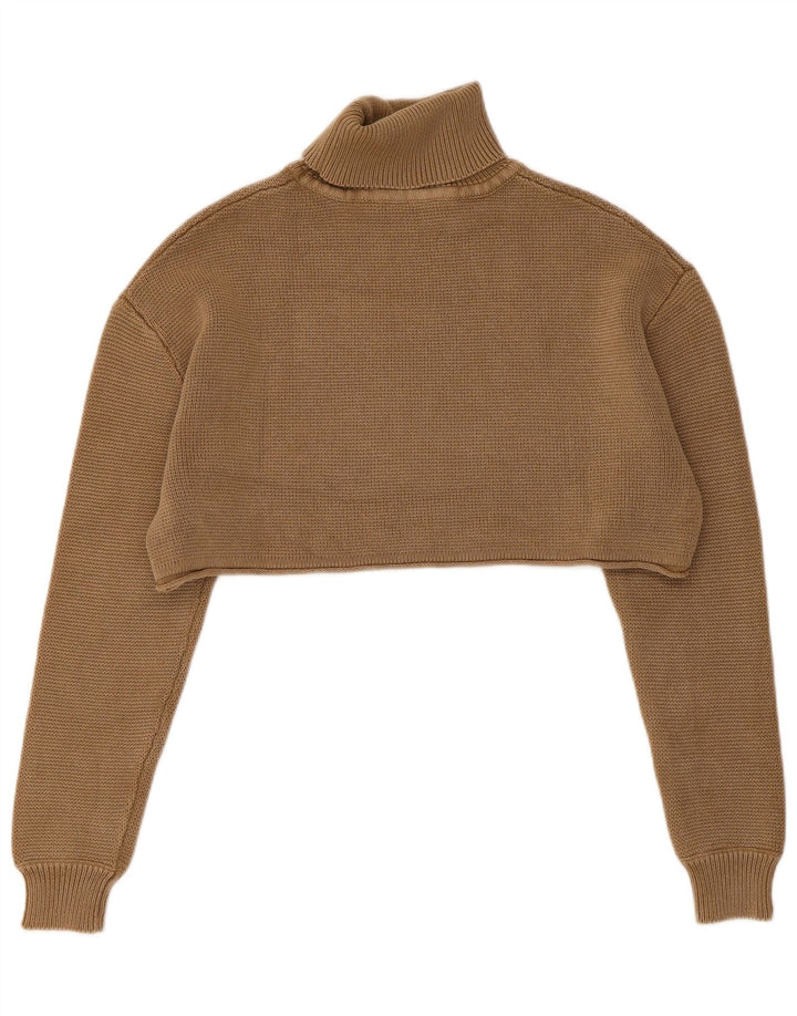 Zara Dame Crop Roll Neck Jumper Sweater UK 14 Medium Brown Bomuld