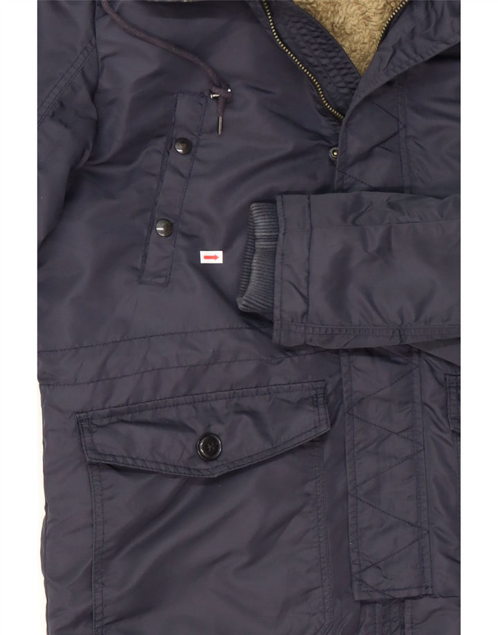 JACK & JONES Mens Hooded Windbreaker Coat UK 38 Medium Navy Blue Nylon Vintage Jack & Jones and Second-Hand Jack & Jones from Messina Hembry 