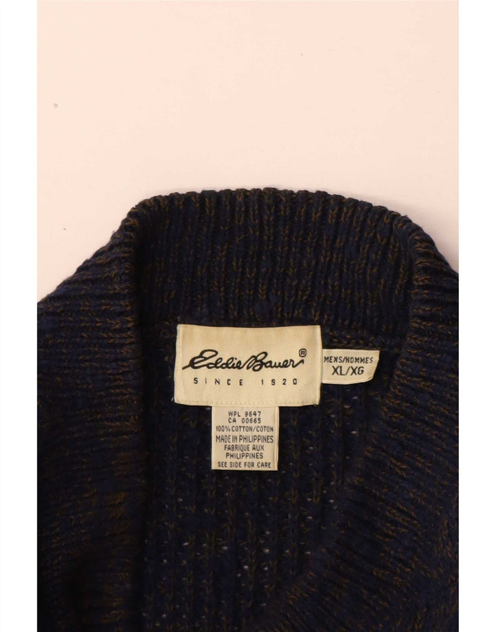 Eddie Bauer Herre Button Neck Jumper Sweater XL Navy Blue Flecked Bomuld