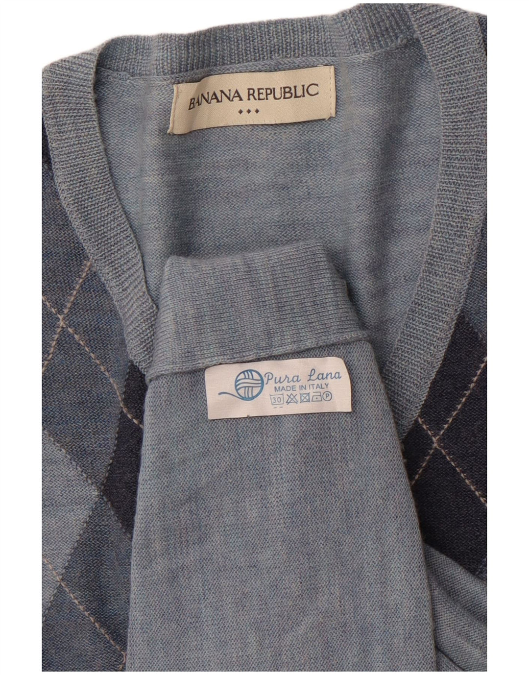 BANANA REPUBLIC Mens V-Neck Jumper Sweater Large Blue Argyle/Diamond