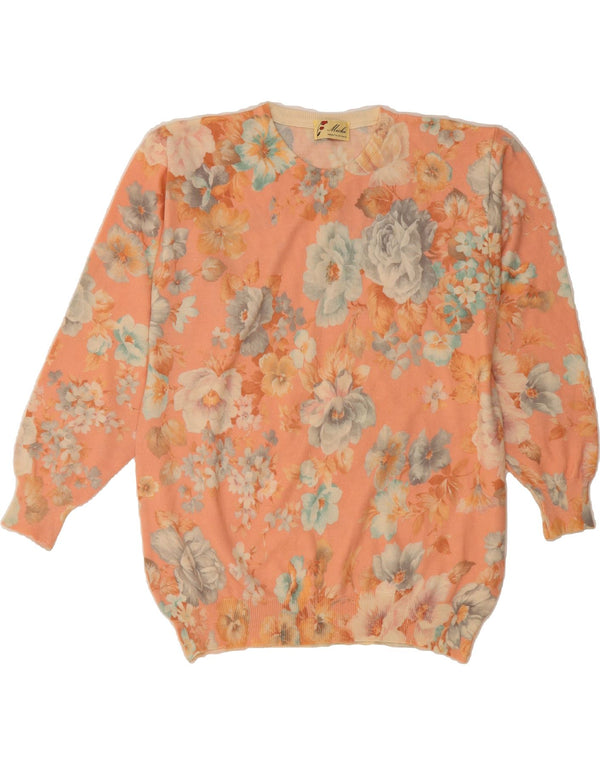 VINTAGE Dame sweater med rund hals DK 18 XL Pink blomsteruld