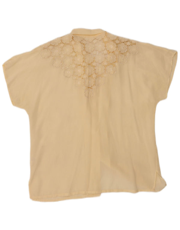 Vintage Dame Kortærmet Skjorte Bluse IT 44 Medium Off White Floral Silke