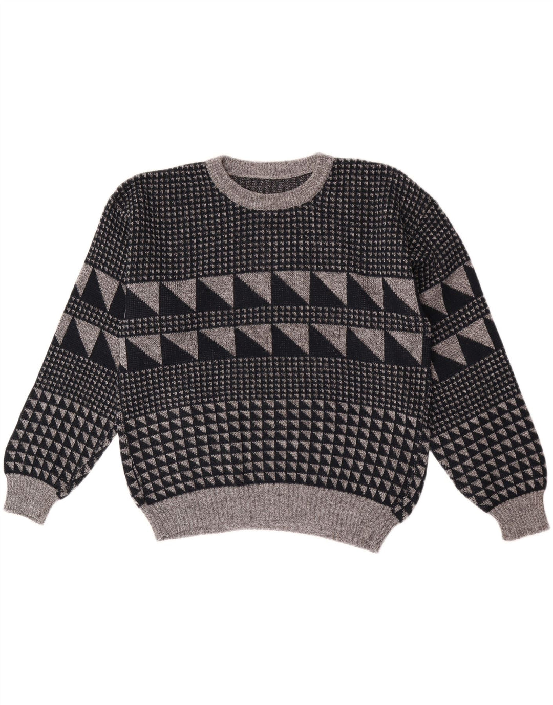 Vintage herre rund hals sweater stor grå geometrisk