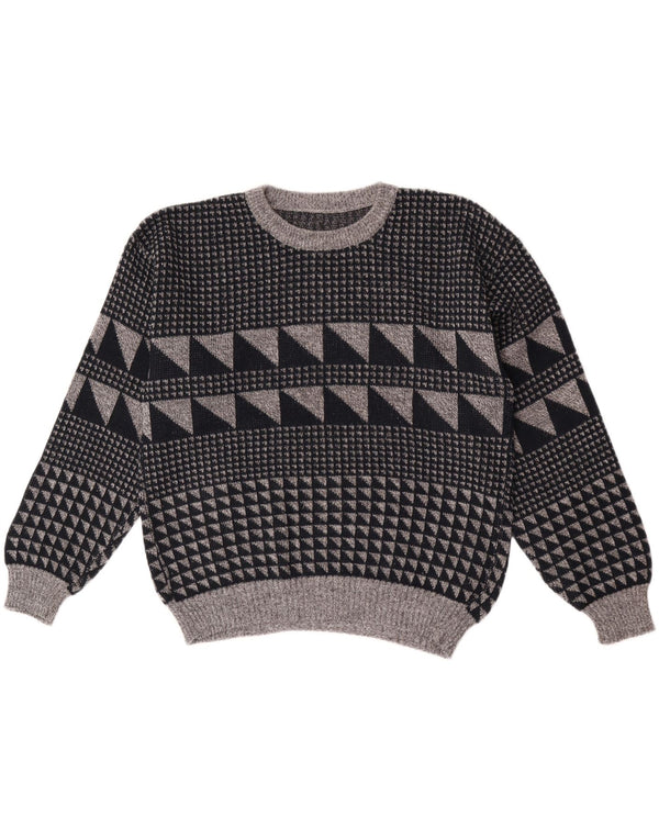 Vintage herre rund hals sweater stor grå geometrisk