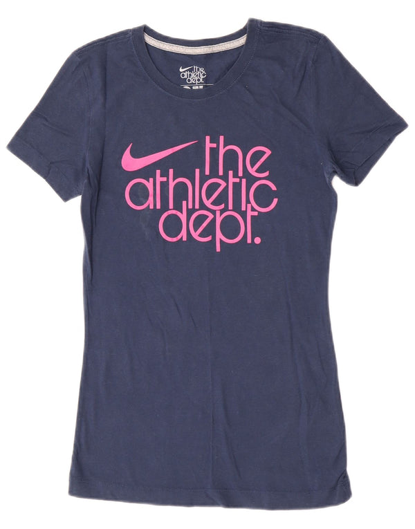 Nike Dame Slim Fit Grafisk T-Shirt Top UK 8 Small Navy Blue Bomuld