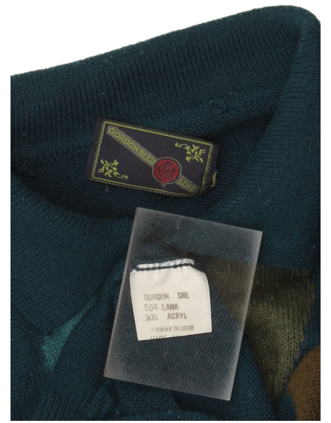 Vintage Herre Polo Neck Jumper Sweater Medium Navy Blue Argyle/Diamond Wool